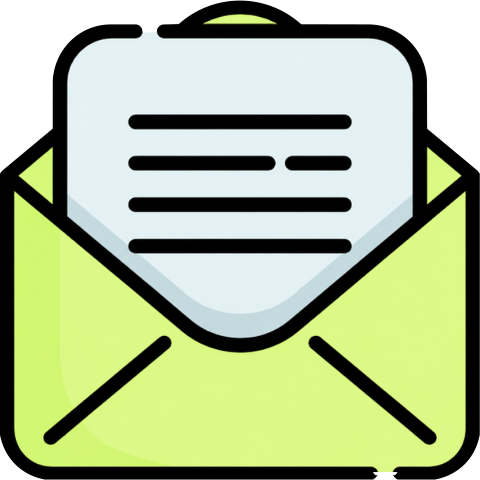Bright lime envelope with a sheet of paper sticking out, signaling a new message or email