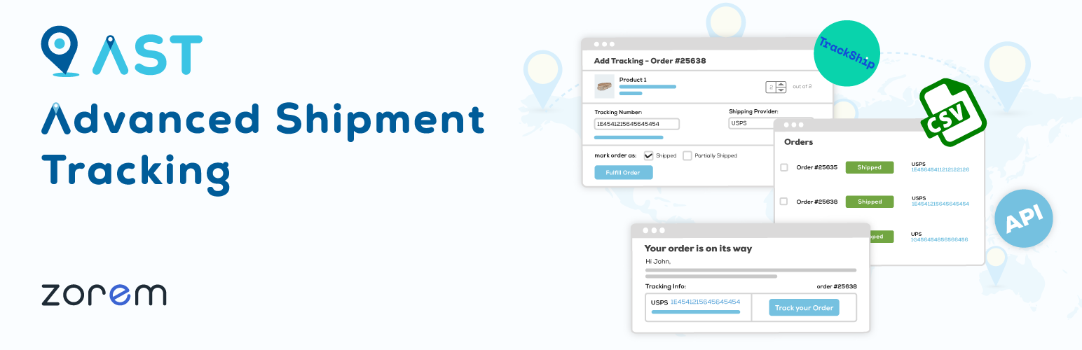 image - Local Branding, Web Design & Digital Marketing Agency Promotional banner for AST Advanced Shipment Tracking by Zorem with order-tracking UI mockups and icons (CSV, API).