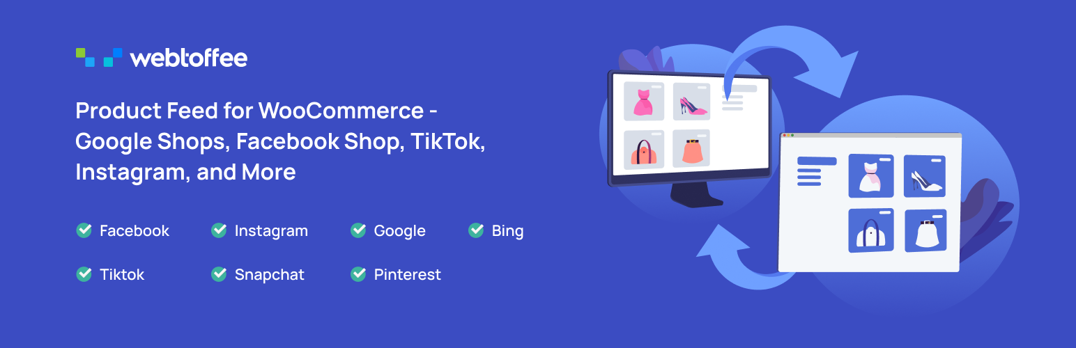 image - Local Branding, Web Design & Digital Marketing Agency Blue banner illustrating Webtoffee's Product Feed for WooCommerce, listing Facebook, Instagram, Google, Bing, TikTok, Snapchat, and Pinterest with green checkmarks on the left.