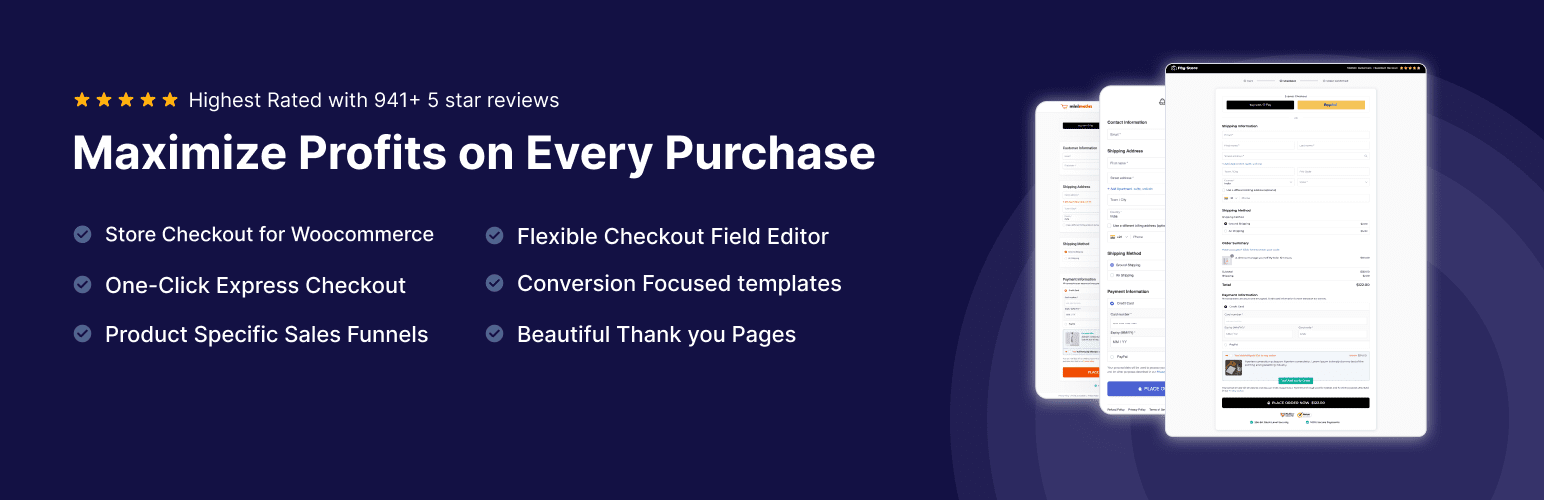 image - Local Branding, Web Design & Digital Marketing Agency Banner hero with bold headline 'Maximize Profits on Every Purchase' on a dark blue background, left column of checkmark features, right side showing overlapping device screens as mock checkout forms.
