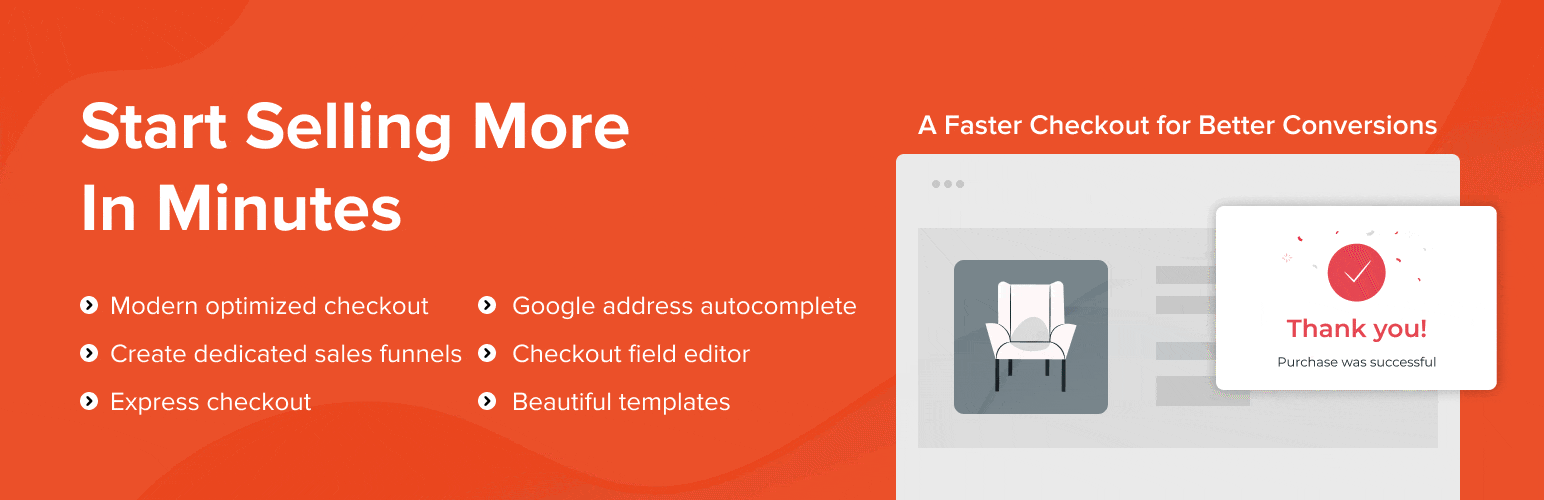image - Local Branding, Web Design & Digital Marketing Agency Hero banner: orange background with the headline 'Start Selling More In Minutes', feature bullets on the left, and a right-side checkout UI mockup with a 'Thank you' card.