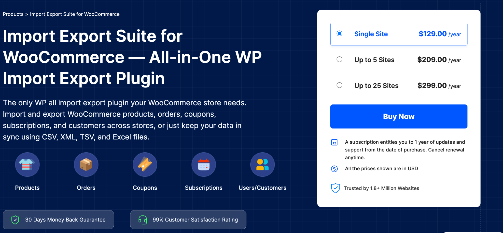 image - Local Branding, Web Design & Digital Marketing Agency Hero banner for Import Export Suite for WooCommerce with a right-side pricing card and feature icons below.