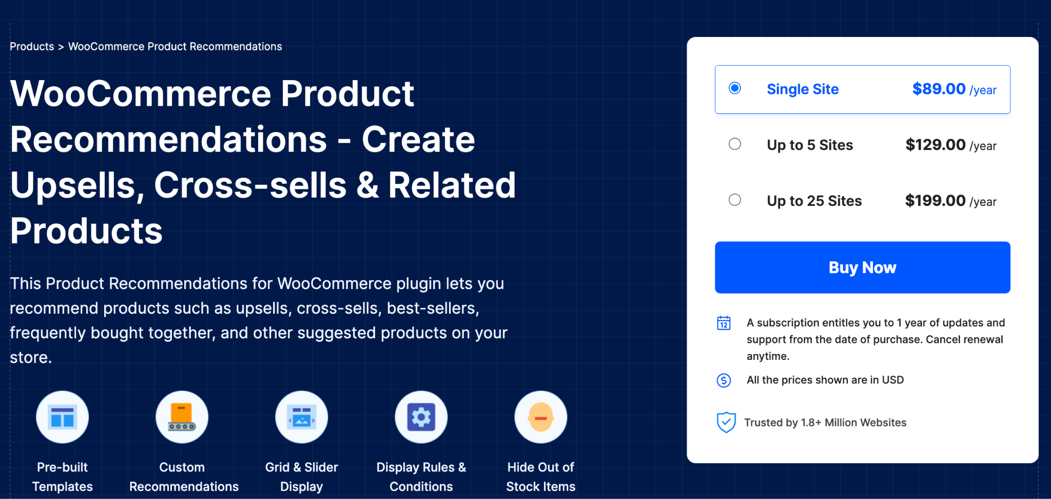image - Local Branding, Web Design & Digital Marketing Agency Hero banner promoting WooCommerce Product Recommendations with a white pricing panel on the right showing site options and a Buy Now button.