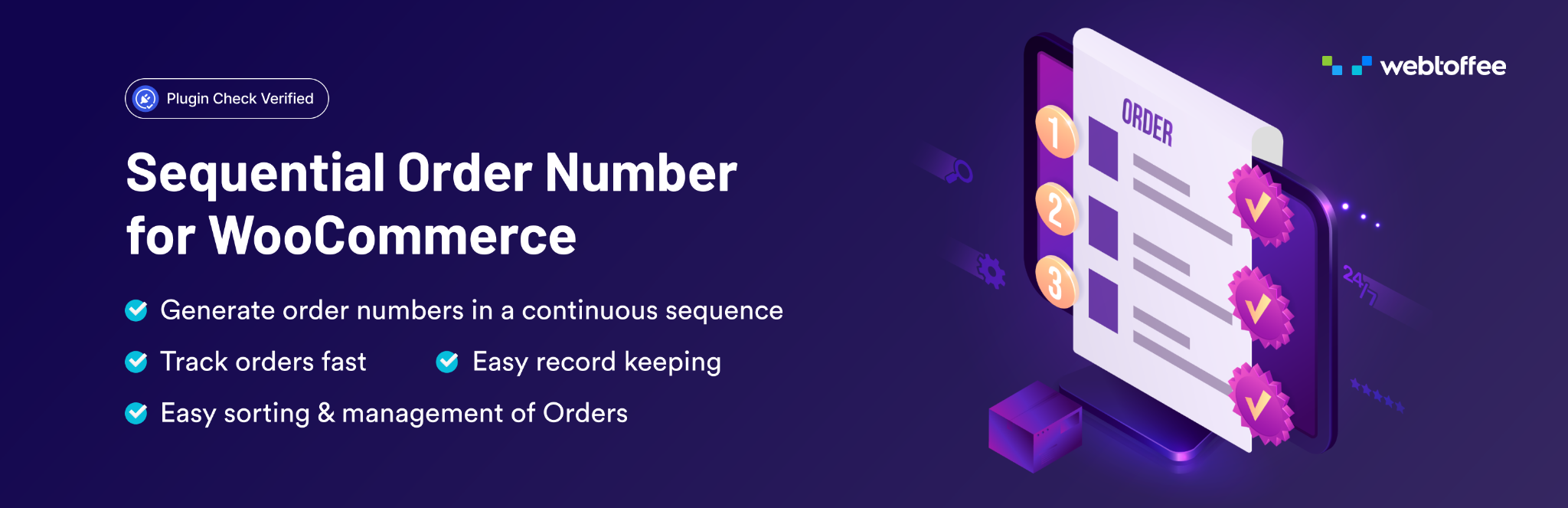 image - Local Branding, Web Design & Digital Marketing Agency Hero banner for Sequential Order Number for WooCommerce, listing features: continuous sequence, fast tracking, easy record keeping, easy sorting & management.