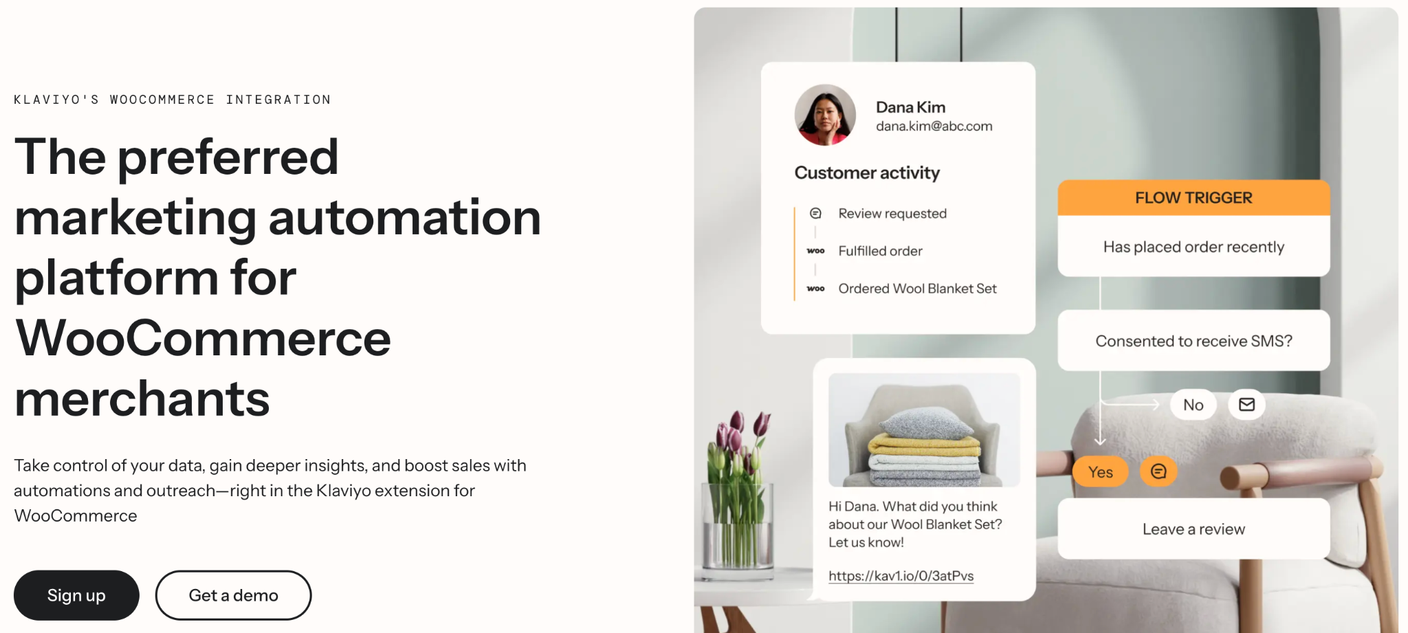 image - Local Branding, Web Design & Digital Marketing Agency Hero section with a bold headline about a marketing automation platform for WooCommerce merchants; right side shows a collage of UI cards and product images.