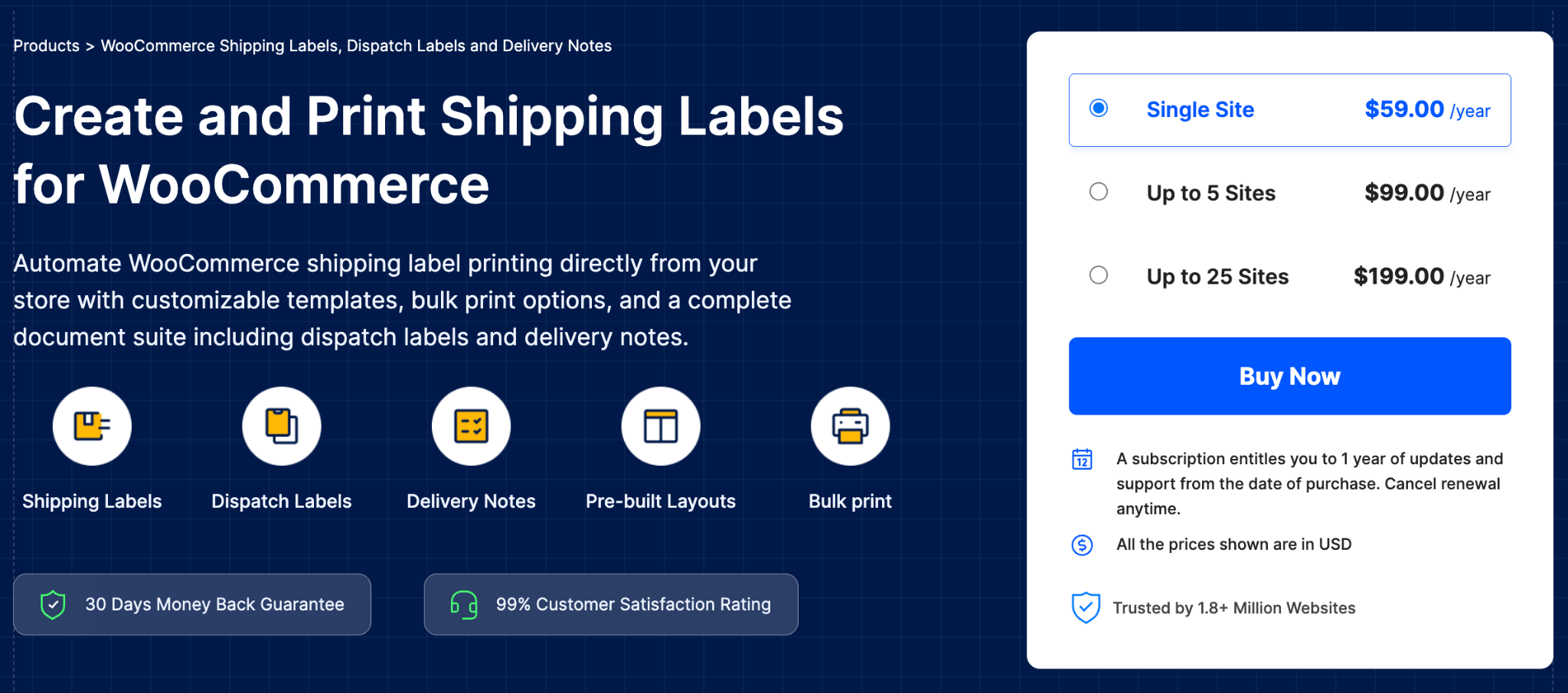 image - Local Branding, Web Design & Digital Marketing Agency Hero section announcing "Create and Print Shipping Labels for WooCommerce" with a dark blue grid background and feature icons (Shipping Labels, Dispatch Labels, Delivery Notes, Pre-built Layouts, Bulk print). Pricing panel with Buy Now on the right.