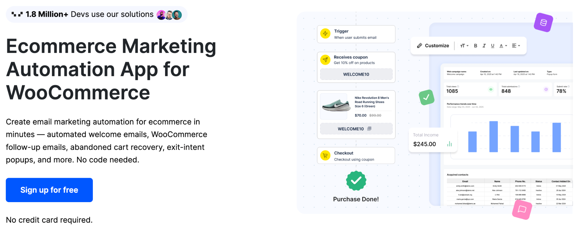 image - Local Branding, Web Design & Digital Marketing Agency Hero section for an ecommerce marketing automation app; headline reads “Ecommerce Marketing Automation App for WooCommerce” with a blue Sign up for free button and right-side dashboard illustrations.