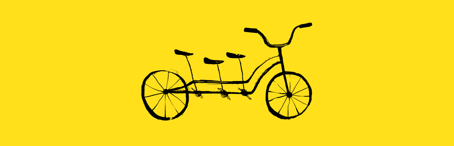 image - Local Branding, Web Design & Digital Marketing Agency Long tandem bicycle with four seats and two wheels on a bright yellow background.