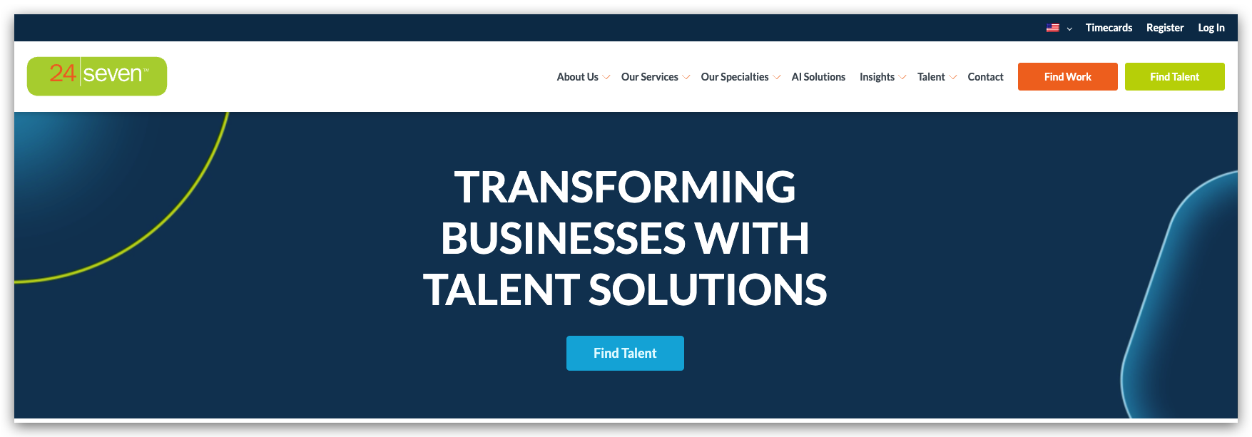 Hero banner with slogan 'Transforming businesses with talent solutions' on a dark blue background and a centered 'Find Talent' button.