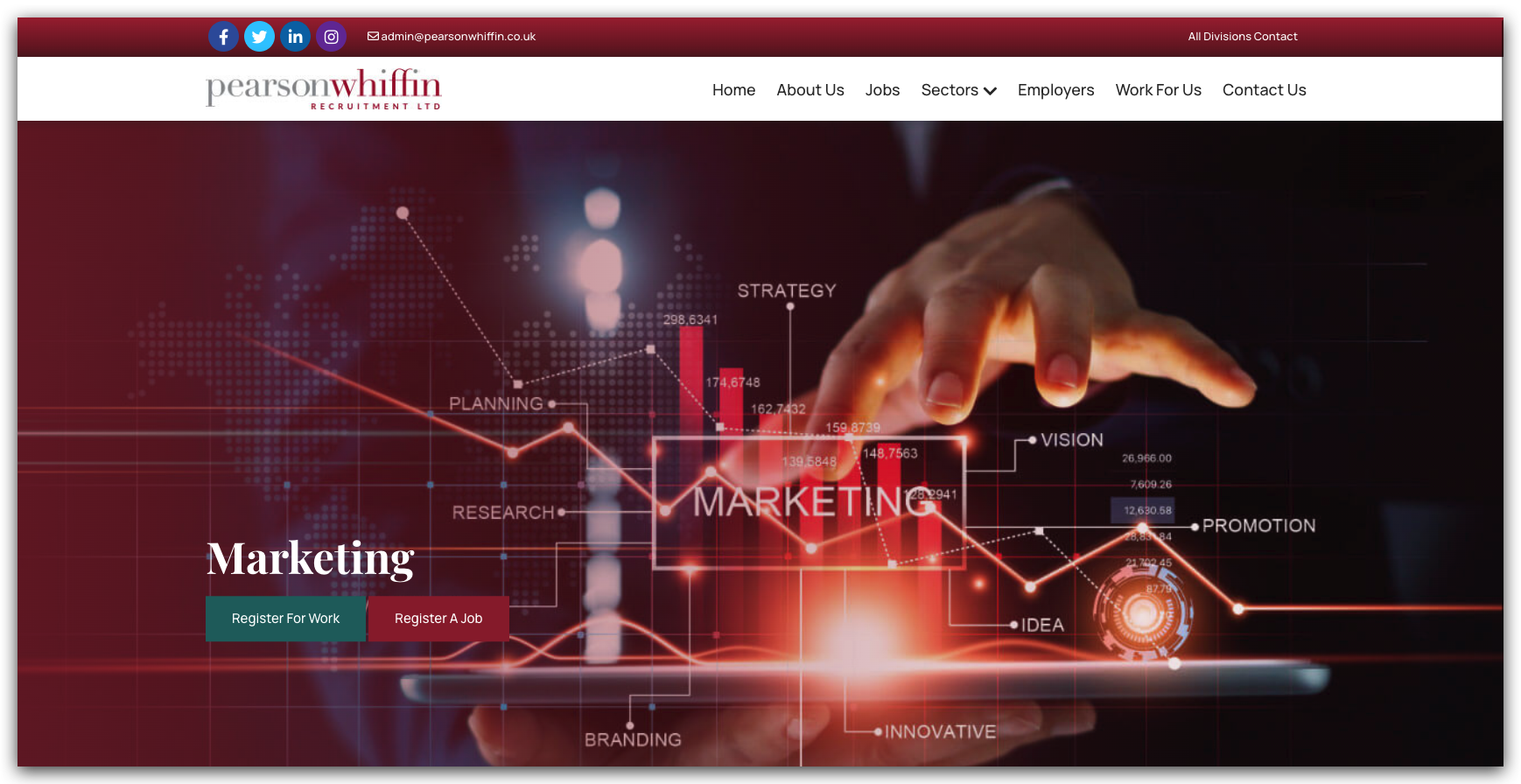 Hero banner for Marketing page: abstract data visualization with a hand reaching toward a glowing dashboard, and the word Marketing with two CTA buttons: 'Register For Work' and 'Register A Job'