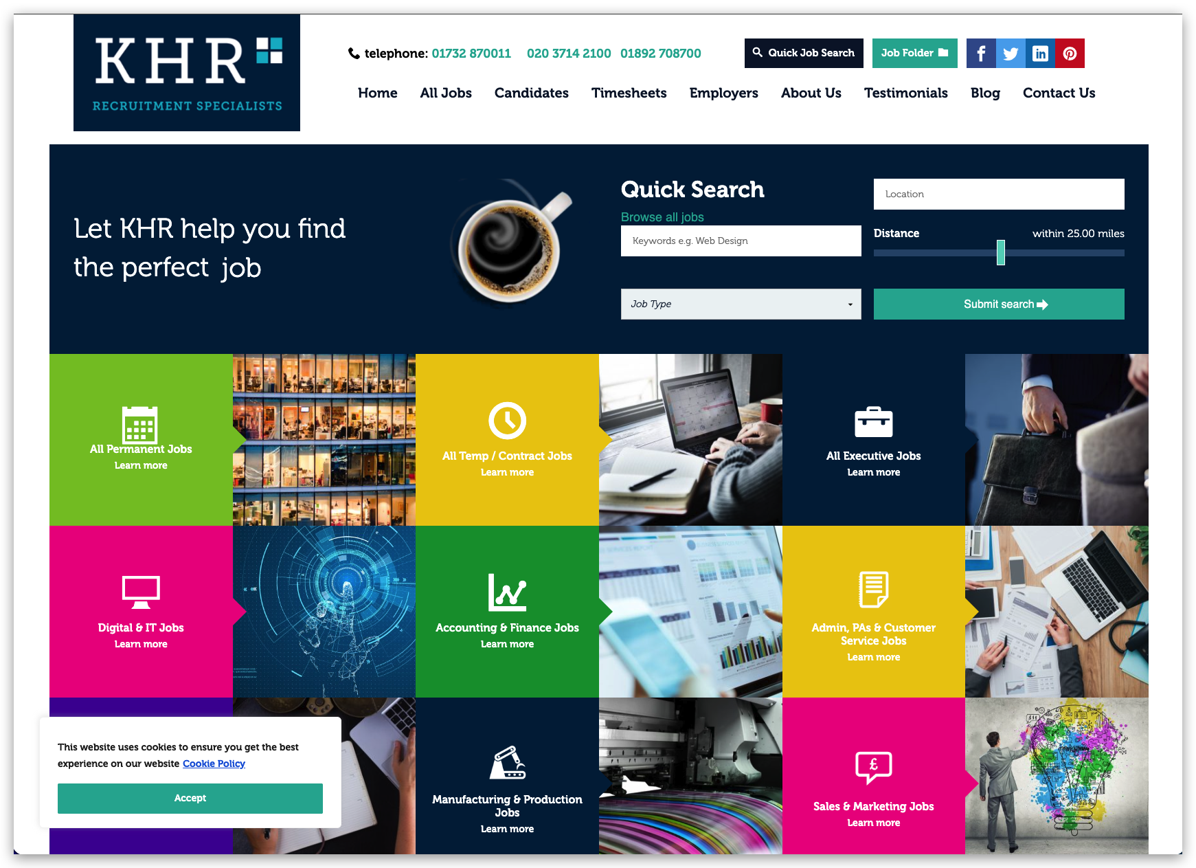 Homepage hero: dark blue banner with a coffee cup image and the text 'Let KHR help you find the perfect job', plus a right-side Quick Job Search form.