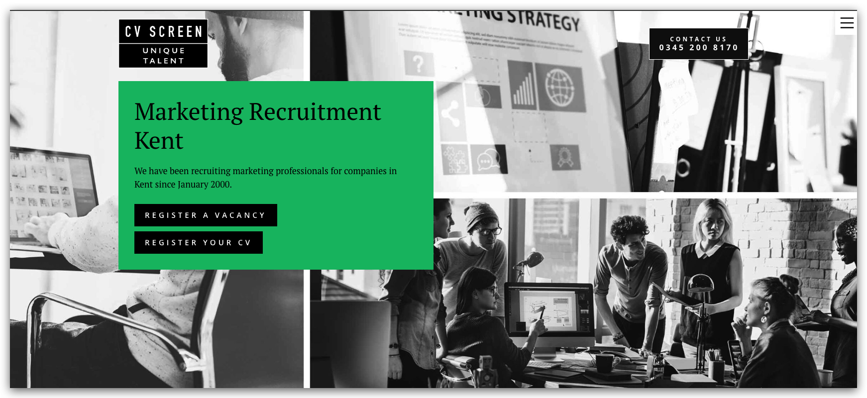 Green marketing recruitment hero for Kent with two CTA buttons—'Register a Vacancy' and 'Register Your CV'—on a grayscale office collage; CV Screen logo top-left.
