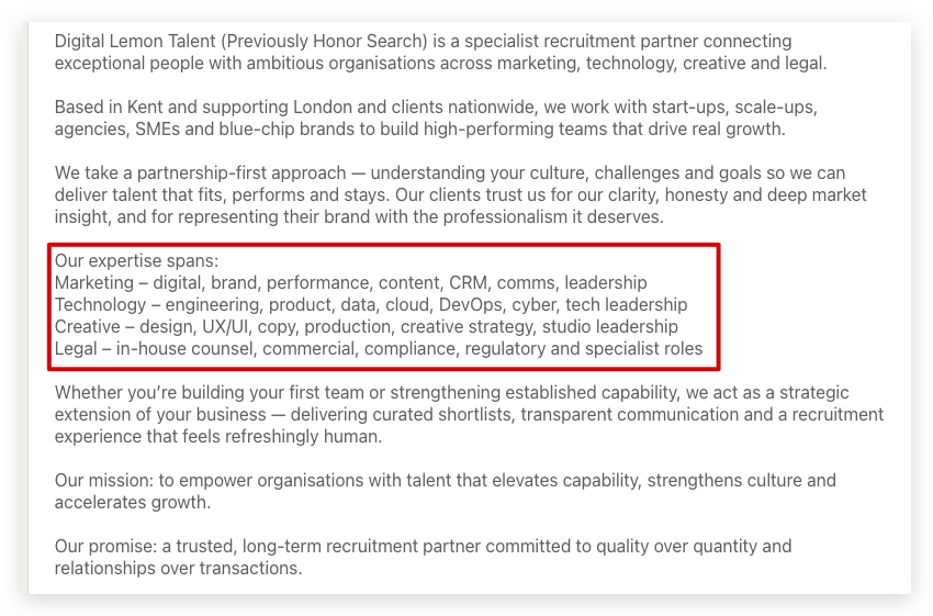 Block of text detailing the firm's expertise areas—Marketing, Technology, Creative, Legal—within a red-bordered highlighted section.